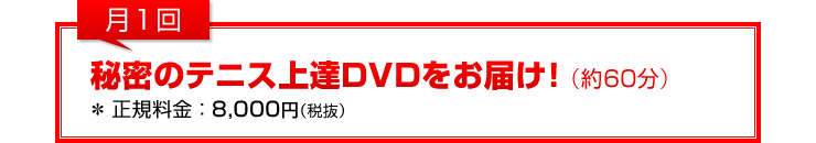 月1回：「秘密のテニス上達DVDをお届け！」（約60分）＊正規料金8,000円（税抜）