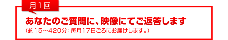 月1回：あなたのご質問に、映像にてご返答します（約15～420分：毎月17日ごろにお届けします。）