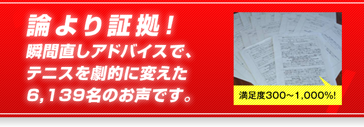 論より証拠！ 瞬間直しアドバイスで、テニスを劇的に変えた6,139名のお声です。　満足度300～1,000％！