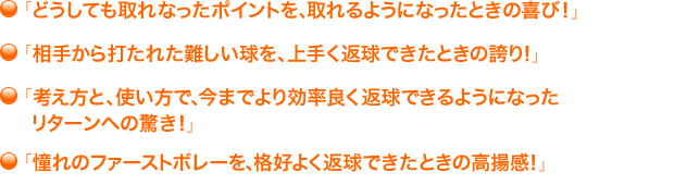 ・「どうしても取れなったポイントを、取れるようになったときの喜び！」・「相手から打たれた難しい球を、上手く返球できたときの誇り！」・「考え方と、使い方で、今までより効率良く返球できるようになったリターンへの驚き！」・「憧れのファーストボレーを、格好よく返球できたときの高揚感！」